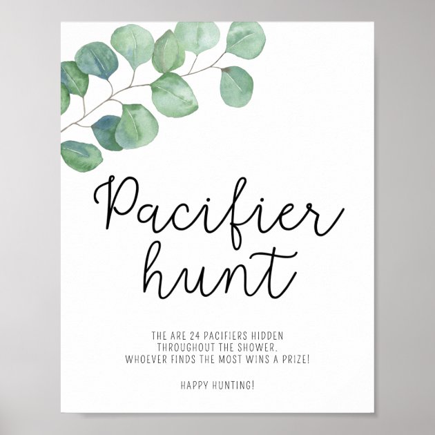 Greenery - pacifier hunt baby shower game poster