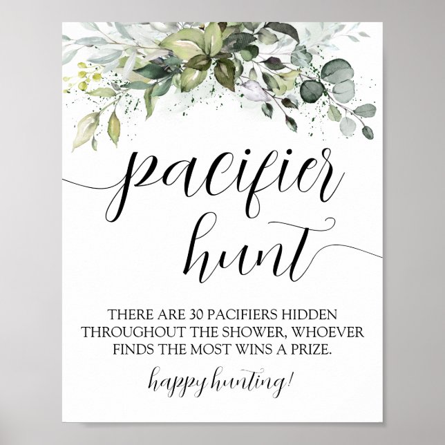 Greenery Pacifier Hunt Baby Shower Game Sign (Front)