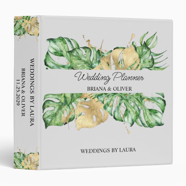 Greenery Palm Gold Sand Tropical Wedding Planner 3 Ring Binder (Front/Spine)