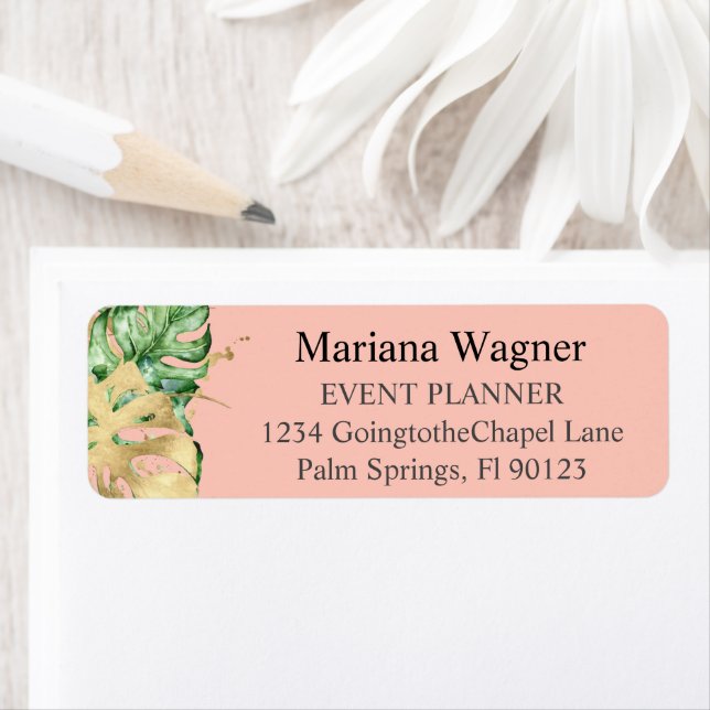 Greenery Palm Leaves Gold on Peach Business Label (Insitu)