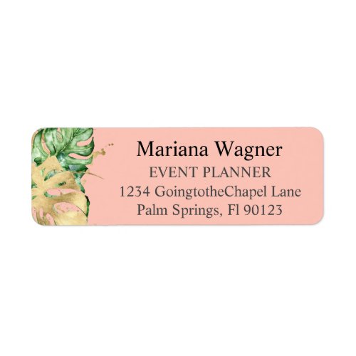 Greenery Palm Leaves Gold on Peach Business Label