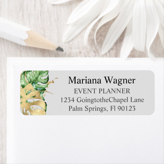 Greenery Palm Leaves Gold on Sand Business Label (Insitu)