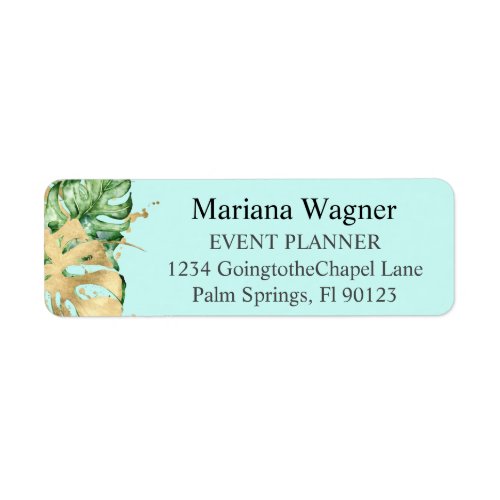 Greenery Palm Leaves Gold on Teal Business Label