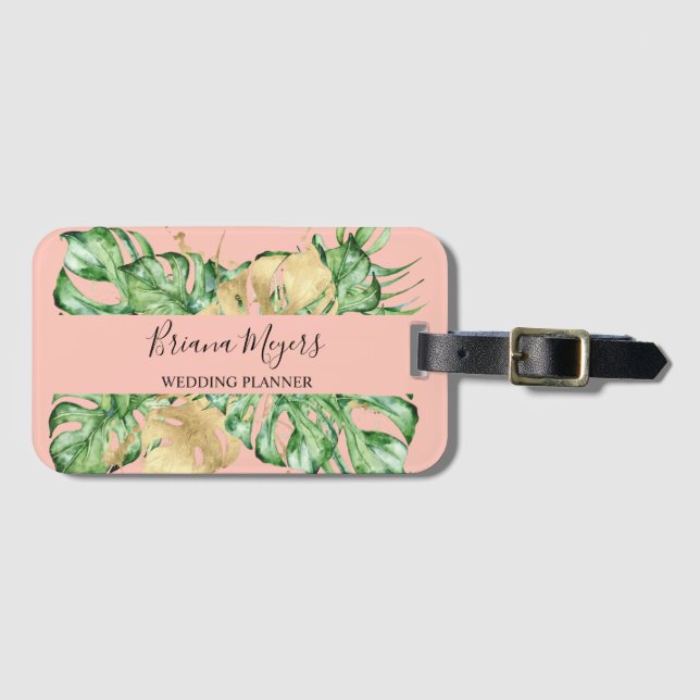 Greenery Palm Leaves Gold Tropic Peach Luggage Tag (Front Horizontal)
