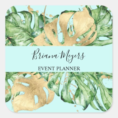 Greenery Palm Leaves Gold Tropical Teal Square Sticker