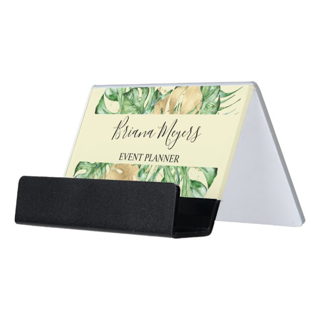 Greenery Palm Leaves Gold Yellow Tropical Desk Business Card Holder (Angled Front)