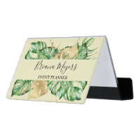 Greenery Palm Leaves Gold Yellow Tropical Desk Business Card Holder