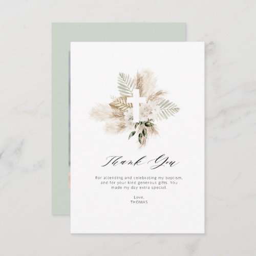 greenery pampas floral baptism thank you card