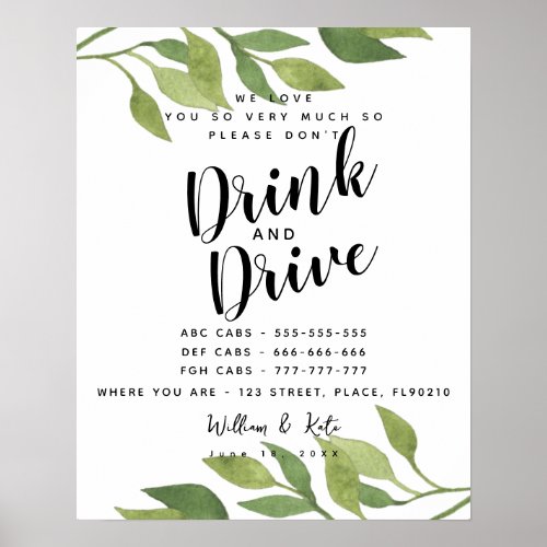 greenery party Taxis dont drink and drive sign