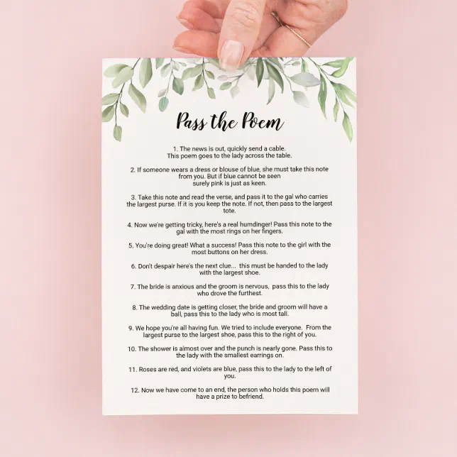 Greenery Pass the Poem Bridal Shower Game Invitation | Zazzle