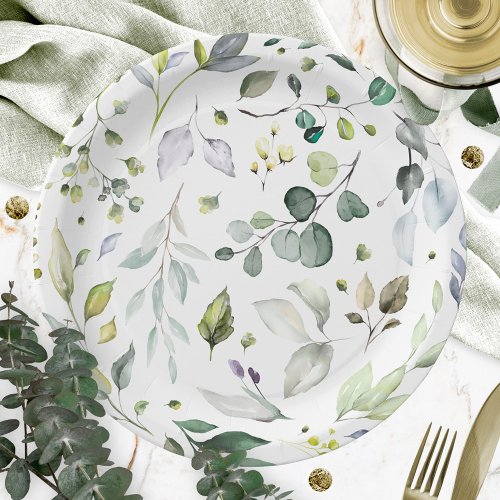 Greenery Pattern Watercolor Bridal Shower Paper Plates