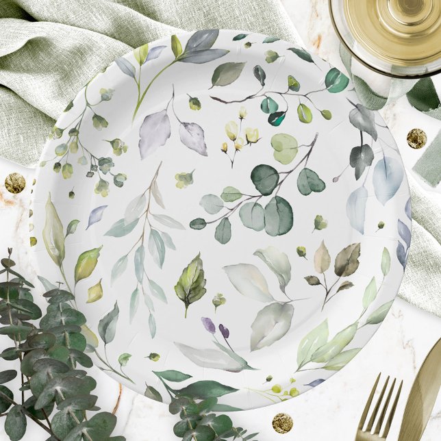 Greenery Pattern Watercolor Bridal Shower Paper Plates (Creator Uploaded)