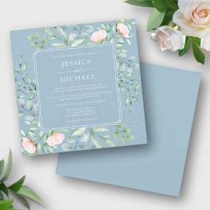 Greenery Peach Roses Dusty Blue Square Wedding Invitation