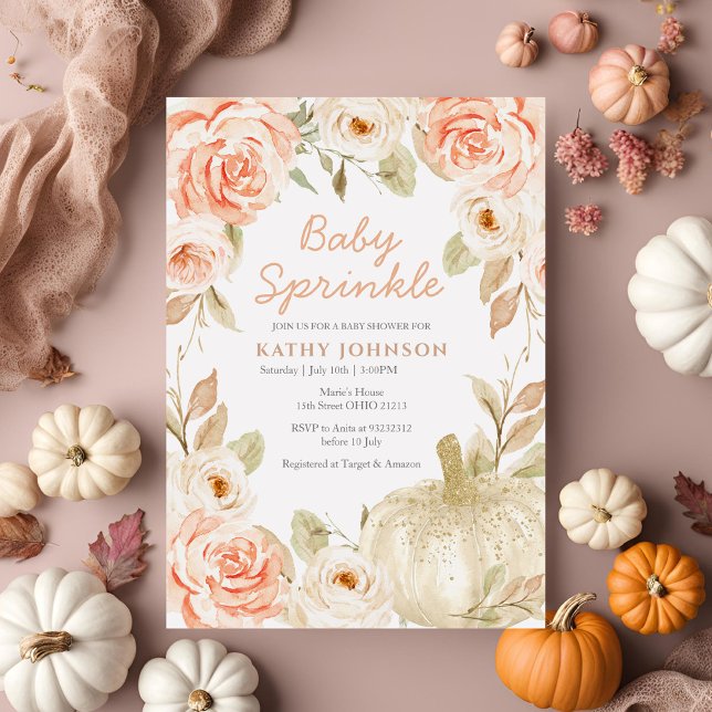 Greenery Peach White Pumpkin Baby Sprinkle Invitation (Creator Uploaded)