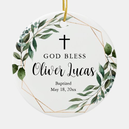 Greenery Personalized Baptism Ceramic Ornament