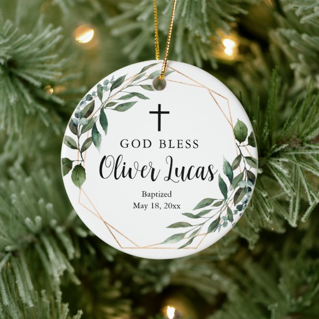 Greenery Personalized Photo Baptism Ornament (Tree)