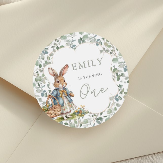 Greenery Peter Rabbit Girl Baby's First Birthday Classic Round Sticker (Creator Uploaded)