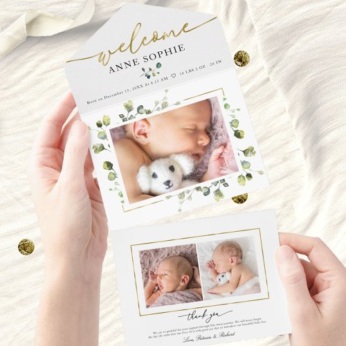 Greenery Photo Birth Announcement  Thank You Card