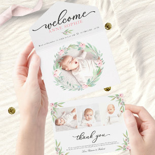 Greenery Photo Birth Announcement & Thank You Card