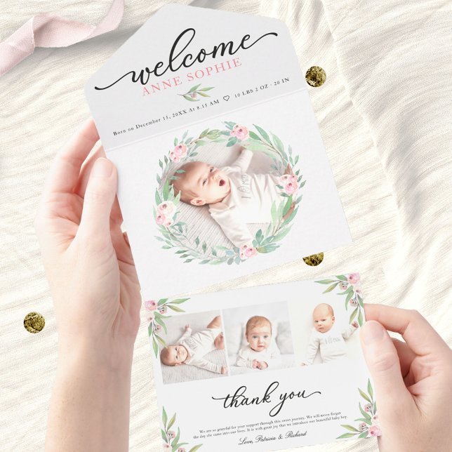 Greenery Photo Birth Announcement & Thank You Card (Creator Uploaded)
