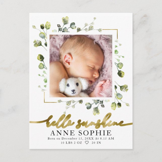 Greenery Photo Birth Announcement & Thank You Post Postcard (Front)