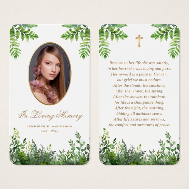 Greenery Photo Funeral Memorial Prayer Cards (Front & Back)