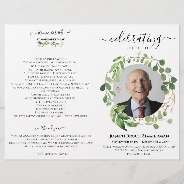 Greenery Photo Memorial Service Funeral Program (Front)