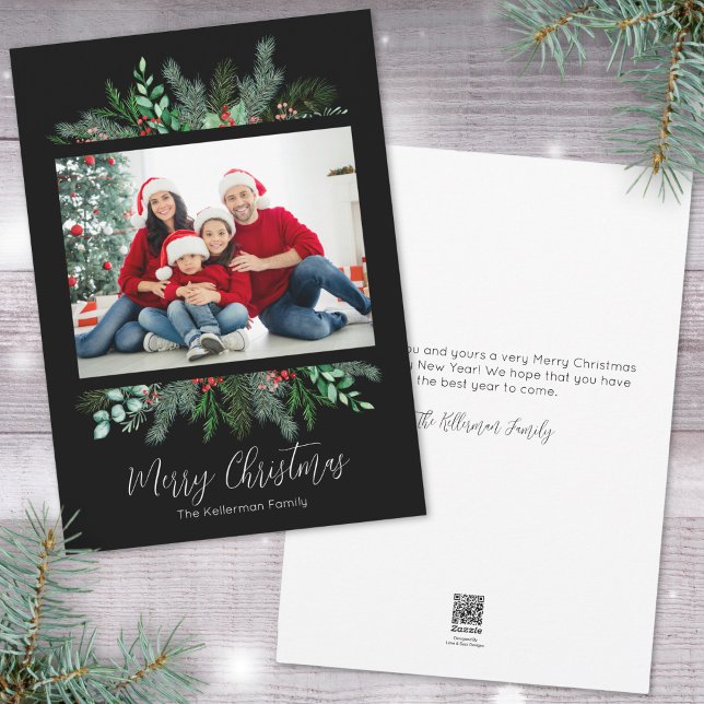 Greenery Photo Merry Christmas Holiday Card (Modern Greenery Black Photo Merry Christmas Holiday Card)