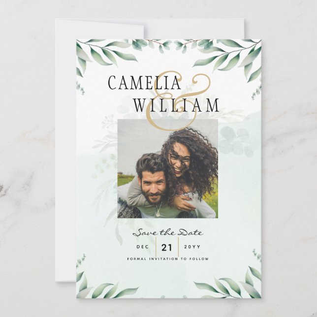 Greenery PHOTO SAVE THE DATES Eucalyptus BUDGET Invitation (Front)