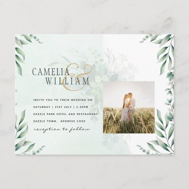Greenery PHOTO Wedding Invitation QR CODE Postcard (Front)