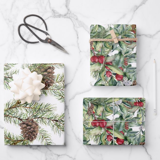 Greenery Pine Cones Red Berry Wrapping Paper Sheets (Front)