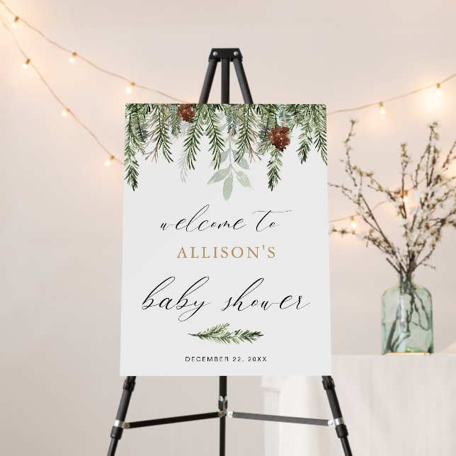 Greenery pine tree winter baby shower welcome sign (In Situ (Stand))