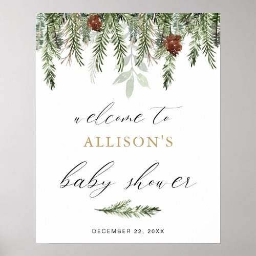 Greenery pine tree winter baby shower welcome sign