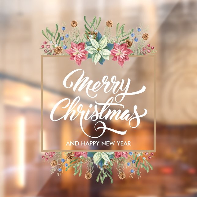 Greenery Pines Poinsettias Merry Christmas Window Cling (Sheet 2)