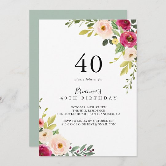 Greenery Pink Blush Floral 40th Birthday Party Invitation | Zazzle.com