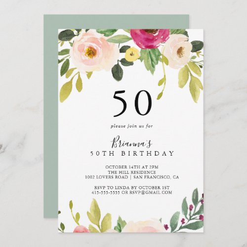 Greenery Pink Blush Floral 50th Birthday Party Invitation