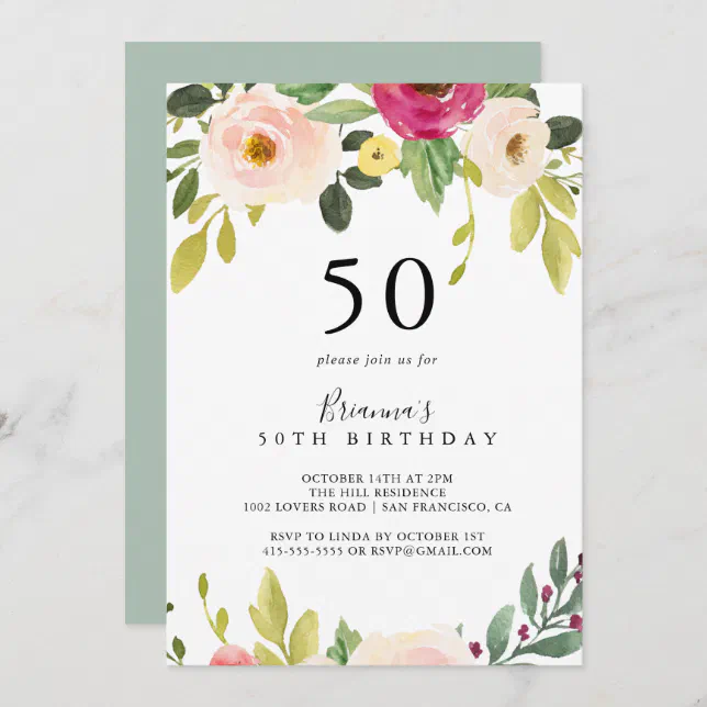 Greenery Pink Blush Floral 50th Birthday Party Invitation 