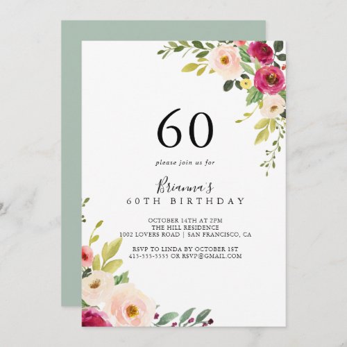 Greenery Pink Blush Floral 60th Birthday Party Invitation