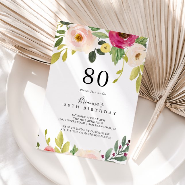 Greenery Pink Blush Floral 80th Birthday Party Invitation (Creator Uploaded)