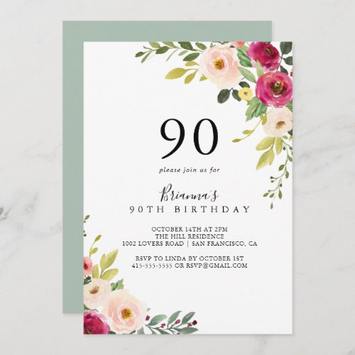 Greenery Pink Blush Floral 90th Birthday Party Invitation