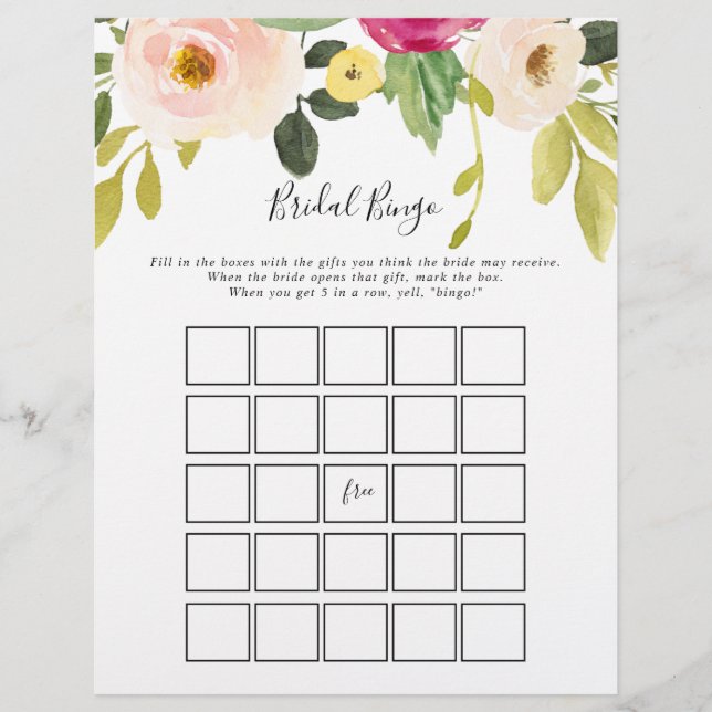 Greenery Pink Blush Floral Bridal Bingo Game (Front)