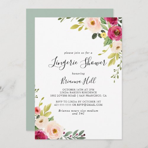 Greenery Pink Blush Floral Bridal Lingerie Shower Invitation