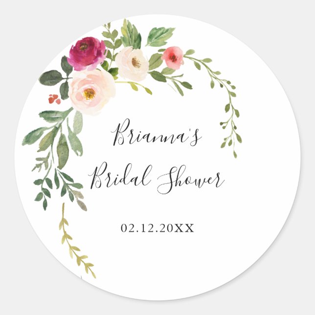 Greenery Pink Blush Floral Bridal Shower Favor Classic Round Sticker (Front)