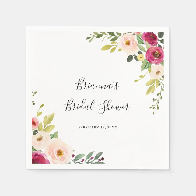 Greenery Pink Blush Floral Bridal Shower Napkins (Front)