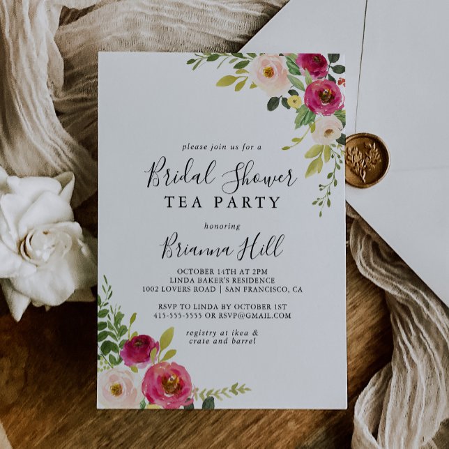 Greenery Pink Blush Floral Bridal Shower Tea Party Invitation (Creator Uploaded)