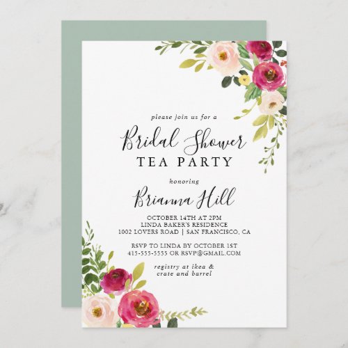 Greenery Pink Blush Floral Bridal Shower Tea Party Invitation