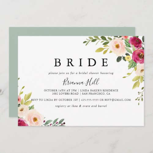 Greenery Pink Blush Floral Bride Bridal Shower Invitation