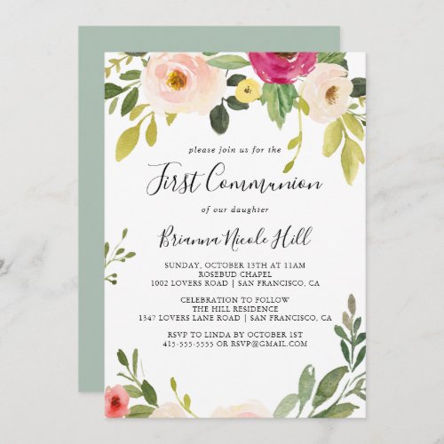 Greenery Pink Blush Floral First Communion Invitation