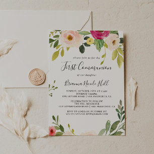 Greenery Pink Blush Floral First Communion Invitation