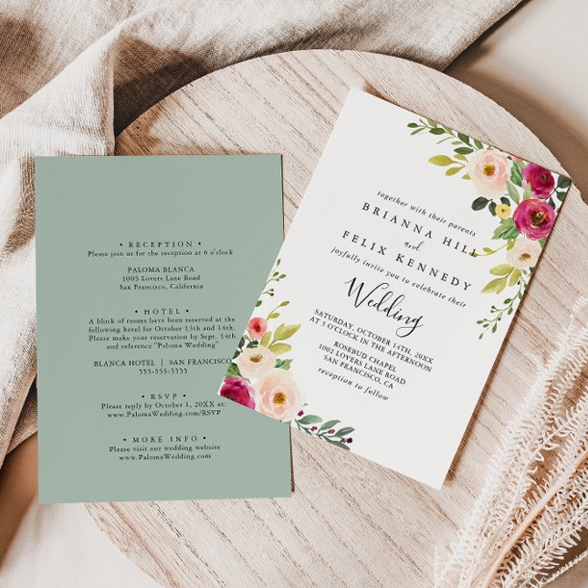 Greenery Pink Blush Floral Front & Back Wedding Invitation (Creator Uploaded)